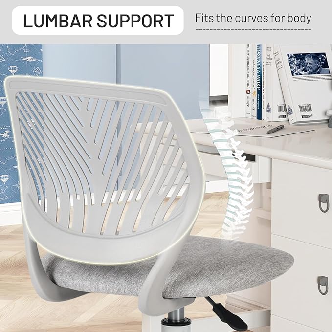 FurnitureR Desk Chair Armless, Study Computer Chair Adjustable Swivel for Student Children Kids, Comfy Cute Home Office Chair Fabric Seating Cushion and Plastic Low-Back with Rolling Wheels, Grey - LeafyLoom