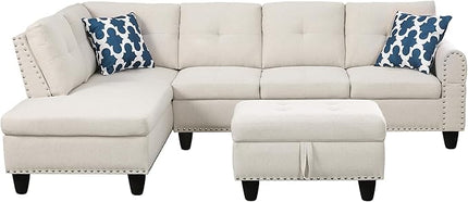 98" L-Shaped Sectional Couch with Storage Ottoman and Left Facing Chaise,Linen Upholstered Sofa with 2 Cup Holders and 2 Throw Pillows for Living Room,Beige - LeafyLoom