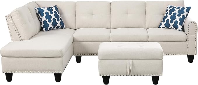 98" L-Shaped Sectional Couch with Storage Ottoman and Left Facing Chaise,Linen Upholstered Sofa with 2 Cup Holders and 2 Throw Pillows for Living Room,Beige - LeafyLoom