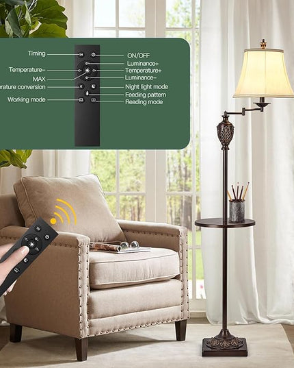 Traditional LED Floor Lamp with 350° Adjustable Swing Arm Lamp – Vintage Standing Pole lamp for Living Room, Bedroom and Office – Rustic Upright Floor Light for Home Décor with Silk Fabric Shade - LeafyLoom