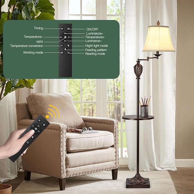 Traditional LED Floor Lamp with 350° Adjustable Swing Arm Lamp – Vintage Standing Pole lamp for Living Room, Bedroom and Office – Rustic Upright Floor Light for Home Décor with Silk Fabric Shade - LeafyLoom