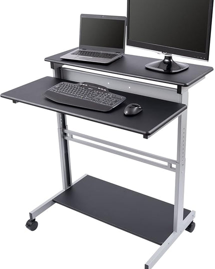 Stand Up Desk Store Rolling Adjustable Height Two Tier Standing Desk Computer Workstation (Silver Frame/Black Top, 40" Wide) - LeafyLoom