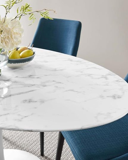 Modway Lippa 60" Oval-Shaped Mid-Century Modern Dining Table with Artificial Marble Top and White Base - LeafyLoom