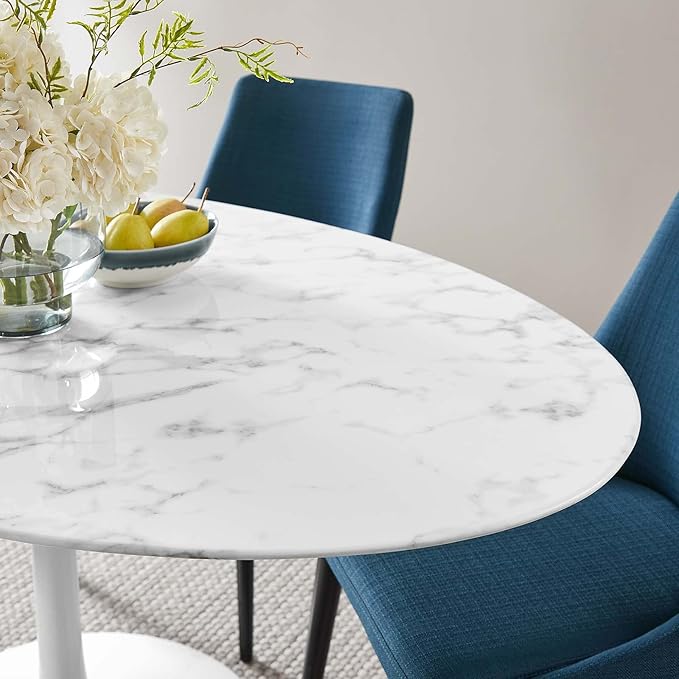 Modway Lippa 60" Oval-Shaped Mid-Century Modern Dining Table with Artificial Marble Top and White Base - LeafyLoom
