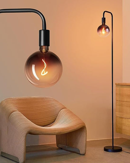 Floor Lamp for Living Room - Minimalist Industrial Standing Lamp with Modern LED Bulb, Globe Black Clear Glass 6", 1800K Warm Ambiant Lighting Decorative Tall Floor Lamp for Bedroom Office - LeafyLoom
