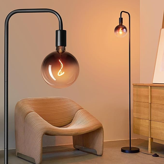 Floor Lamp for Living Room - Minimalist Industrial Standing Lamp with Modern LED Bulb, Globe Black Clear Glass 6", 1800K Warm Ambiant Lighting Decorative Tall Floor Lamp for Bedroom Office - LeafyLoom