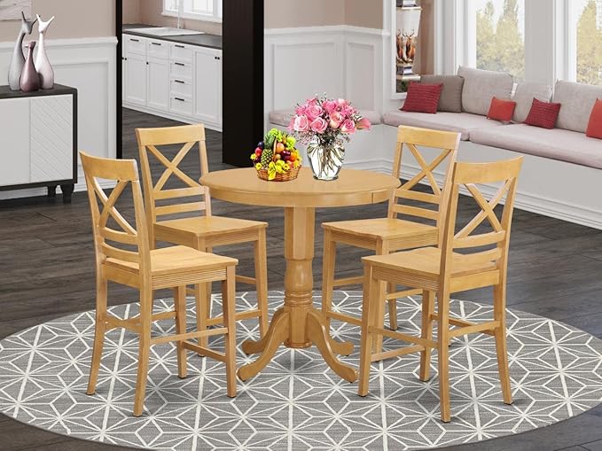 East West Furniture JAQU5-OAK-W 5 Piece Counter Height Dining Table Set Includes a Round Wooden Table with Pedestal and 4 Kitchen Dining Chairs, 36x36 Inch, Oak - LeafyLoom