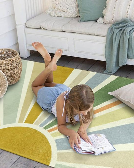 Boho Washable Rug 3'x5' Rug Kids Area Rug for Playroom, Colorful Kids Rug for Bedroom, Non-Slip Throw Sun Carpet Soft Small Sunshine Rug for Office Nursery Entryway Dorm - LeafyLoom