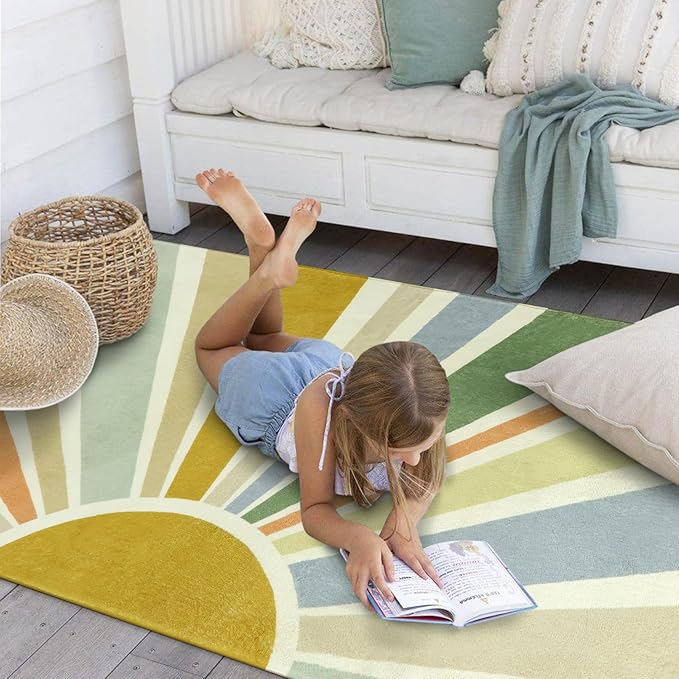Boho Washable Rug 3'x5' Rug Kids Area Rug for Playroom, Colorful Kids Rug for Bedroom, Non-Slip Throw Sun Carpet Soft Small Sunshine Rug for Office Nursery Entryway Dorm - LeafyLoom