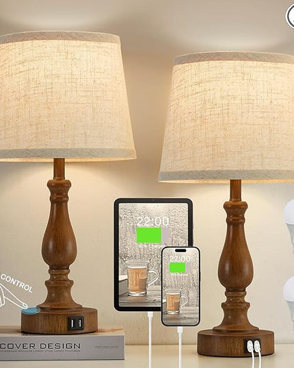 Classical Table Lamps for Bedrooms Set of 2 - Touch Bedside Lamps with Dual USB Ports, 3 Way Dimmable Nightstand Lamps for End Tables, Farmhouse Night Stand Lamps for Living Room Guest Room - LeafyLoom