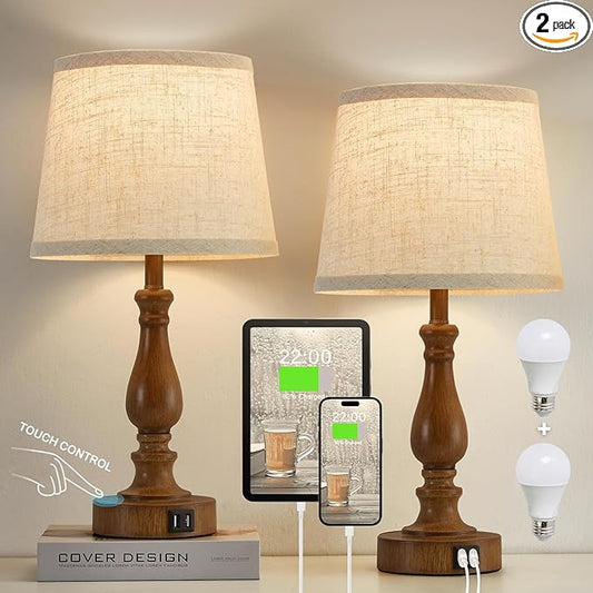 Classical Table Lamps for Bedrooms Set of 2 - Touch Bedside Lamps with Dual USB Ports, 3 Way Dimmable Nightstand Lamps for End Tables, Farmhouse Night Stand Lamps for Living Room Guest Room - LeafyLoom