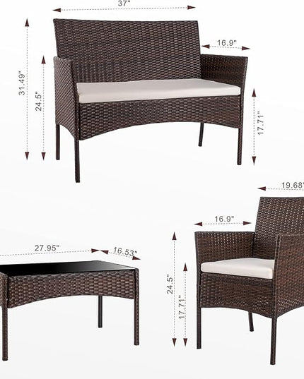 Shintenchi 4 Piece Outdoor Patio Furniture Sets, Small Wicker Patio Conversation Furniture Rattan Chair Set with Tempered Glass Coffee Table for Backyard Porch Garden Poolside Balcony - LeafyLoom