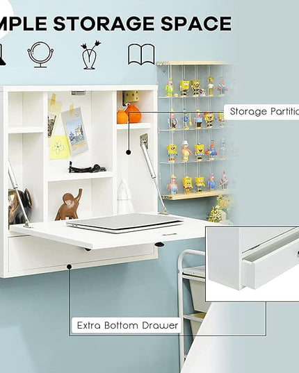2 in 1 Foldable Tabletop, Folding Wall Mount Laptop Storage Compartments Space Saving Floating Desk, Small, White - LeafyLoom