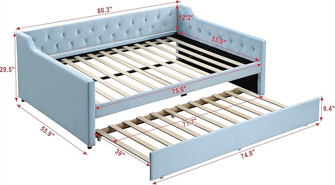 Full Size Velvet Upholstered Tufted Daybed with Twin-Size Trundle,Modern Wood Bed Frame w/Armrests,Slat Support,No Box Spring Needed,Daybeds for Apartment,Bedroom,Guest Room,Blue - LeafyLoom