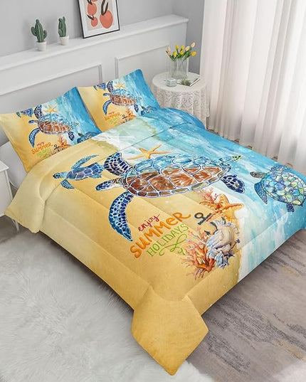 Datura home Beach Turtle Comforter Set Beach and Sea Turtle Printed Quilt Bedding Set with 1 Comforter and 2 Pillowcases for Boys and Girls Bedroom All Season(Beach Turtle Full) - LeafyLoom