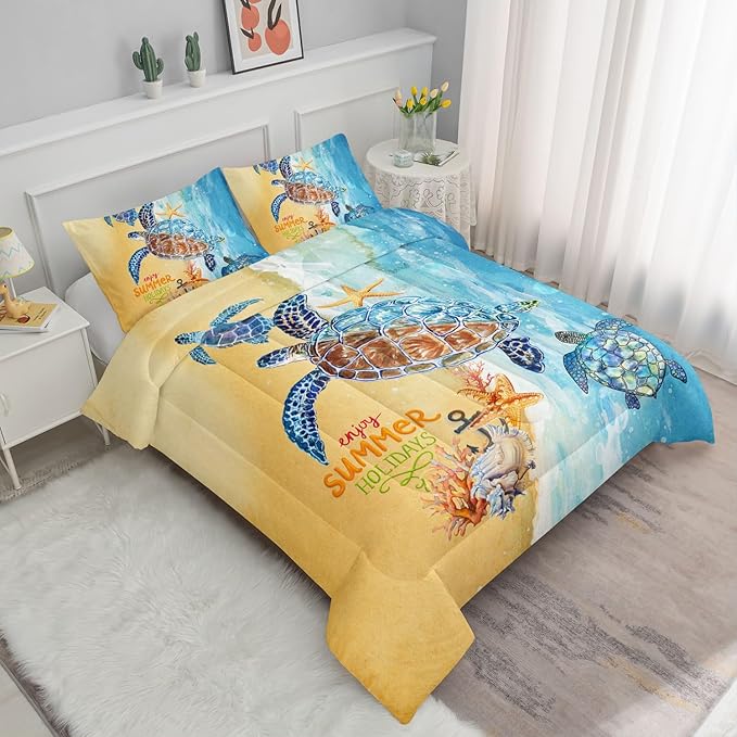 Datura home Beach Turtle Comforter Set Beach and Sea Turtle Printed Quilt Bedding Set with 1 Comforter and 2 Pillowcases for Boys and Girls Bedroom All Season(Beach Turtle Full) - LeafyLoom