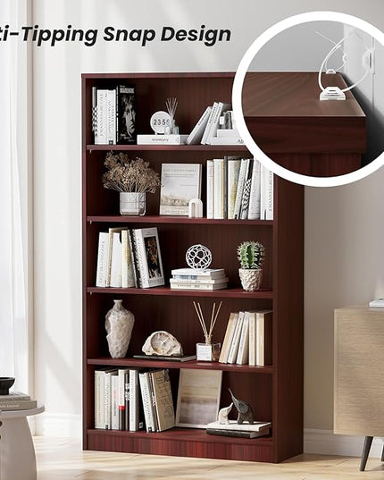 Farini 5 shelf boockase Display Bookcase Freestanding Wooden Bookshelves for Home Office Living Room,60 Inch Height,Cherry - LeafyLoom