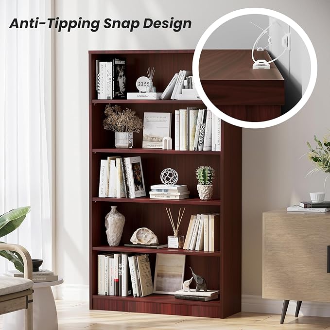 Farini 5 shelf boockase Display Bookcase Freestanding Wooden Bookshelves for Home Office Living Room,60 Inch Height,Cherry - LeafyLoom