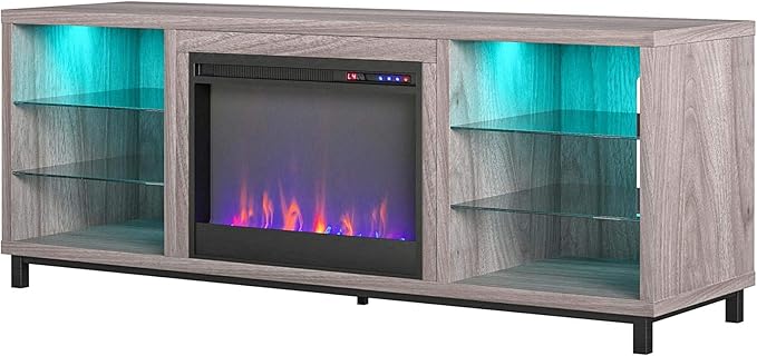 Ameriwood Home Lumina Fireplace TV Stand for TVs up to 70 Inch, Replaceable Electric Fireplace Insert Heater, Remote Control, Timer, Color Changing LED Lights, Crystal Ember Flames, Light Walnut - LeafyLoom