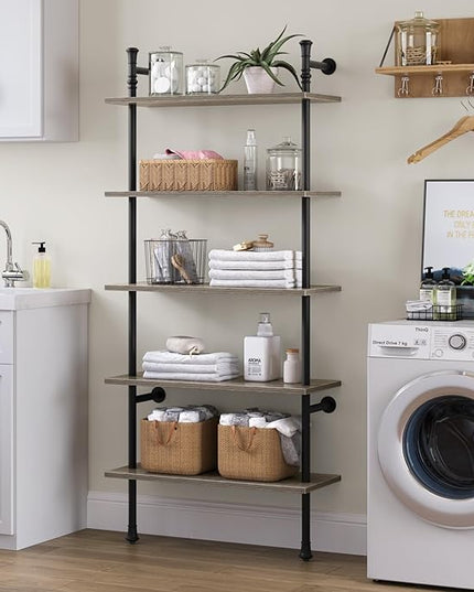 5 Tier Shelf, Wall Mounted Bookshelf, Industrial Bookcase, Open Display Shelves Tall Modern Book Case Standing Leaning Wall Shelves for Living Room Bedroom Home Office Kitchen, Oak Gray - LeafyLoom