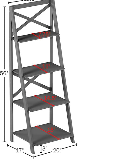 Lavish Home 4-Tier Ladder Bookshelf - Freestanding Shelved Bookcase with X-Back Frame and Leaning Look - Display Shelves for Home and Office (Gray) - LeafyLoom