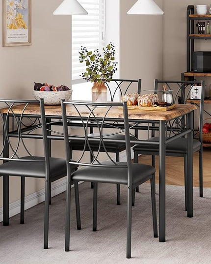 Dining Table Set for 4, Kitchen Table and Chairs, Dining Room Table Set with 4 Upholstered Chairs, Kitchen Table Set Rectangular Dining Table for Small Space, Apartment, Breakfast, Rustic Brown - LeafyLoom