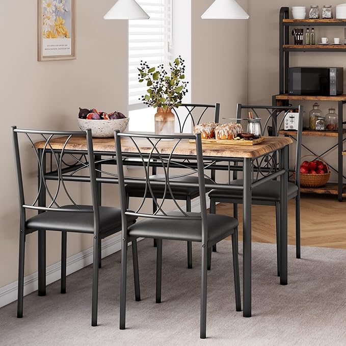 Dining Table Set for 4, Kitchen Table and Chairs, Dining Room Table Set with 4 Upholstered Chairs, Kitchen Table Set Rectangular Dining Table for Small Space, Apartment, Breakfast, Rustic Brown - LeafyLoom