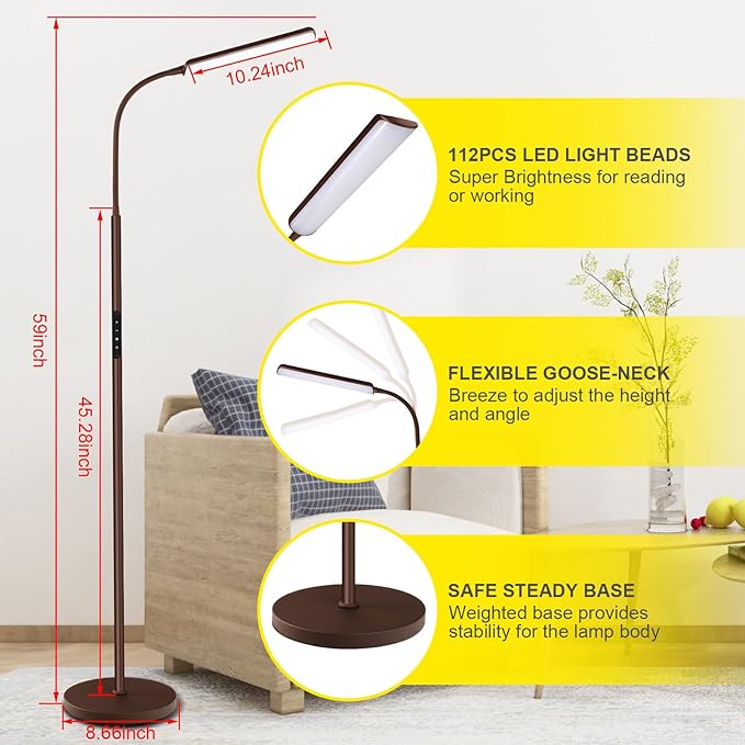 Dimunt LED Floor Lamp, Bright 15W Floor Lamps for Living Room, Adjustable 3000K-6000K & Brightness Standing Lamp with Remote & Touch Control, Reading Floor Lamps with 1H Timer for Home Office-Brown - LeafyLoom