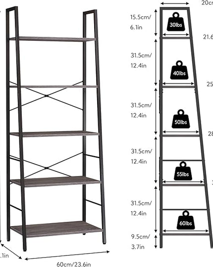 Yusong Bookshelf, Ladder Shelf 5-Tier Bookcase for Bedroom, Industrial Book Shelves Storage Rack with Metal Frame for Home Office, Gray - LeafyLoom