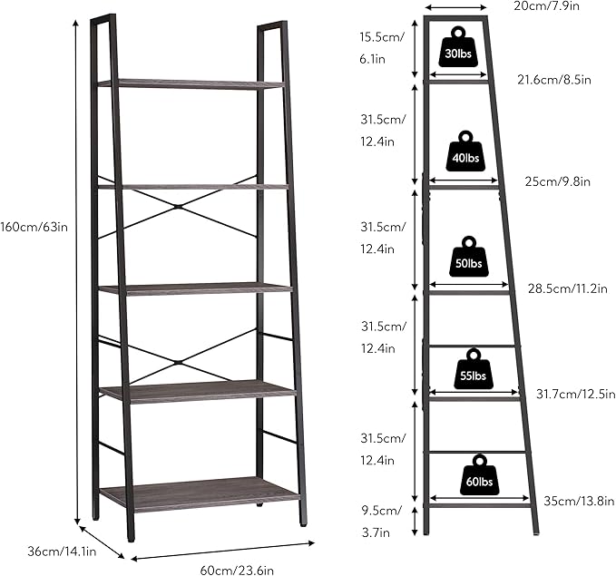 Yusong Bookshelf, Ladder Shelf 5-Tier Bookcase for Bedroom, Industrial Book Shelves Storage Rack with Metal Frame for Home Office, Gray - LeafyLoom