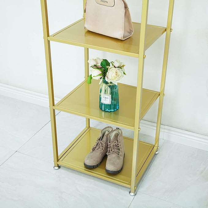Gold Shelf, Gold Bookcase, 5-Tier Bookshelf Shoe Purse Handbag Rack Shelving Unit Etagere Tall Narrow Metal Corner Shelf Boutique Display Storage Retail Commercial Stand(19.7x15.7x63) - LeafyLoom