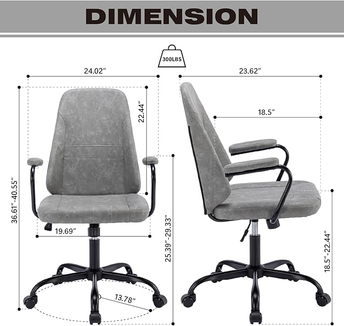 Executive Office Chair, Home Office Desk Chair, Mid Back PU Leather Desk Chair, 360° Swivel Computer Chair, Height Adjustable Tilt Vanity Task Chair for Office, Reading Meeting Room - LeafyLoom