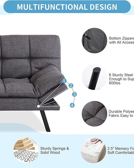 MUUEGM Futon Sofa Bed,Convertible 71" Couch Sofa, Modern Grey Sleeper Sofa with Adjustable Backrest for living room,Memory Foam Sofa Futon Couch Bed,Dark Grey - LeafyLoom