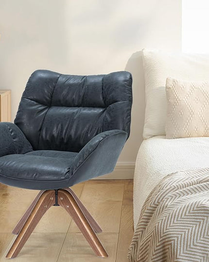 Faux Leather Accent Chair, Modern Cozy Vanity Chair with Wood Legs, Upholstered Single PU Leather Boucle Armchair for Living Room Bedroom Office Guest Room (Black) - LeafyLoom