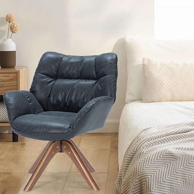 Faux Leather Accent Chair, Modern Cozy Vanity Chair with Wood Legs, Upholstered Single PU Leather Boucle Armchair for Living Room Bedroom Office Guest Room (Black) - LeafyLoom
