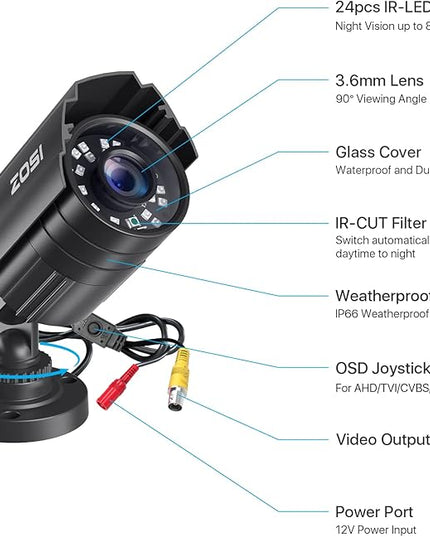 ZOSI 1080P CCTV Camera Outdoor Indoor Hybrid 4 in 1 HD TVI/CVI/AHD/CVBS Home Security Cameras System,Night Vision,Waterproof Metal Housing Bullet Cam For 960H,720P,1080P,5MP,4K analog Surveillance DVR ZOSI
