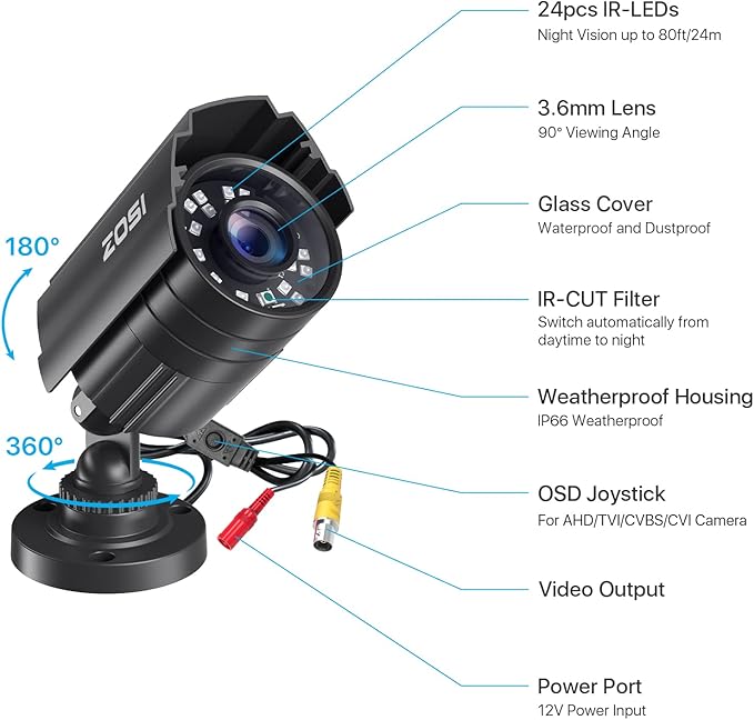 ZOSI 1080P CCTV Camera Outdoor Indoor Hybrid 4 in 1 HD TVI/CVI/AHD/CVBS Home Security Cameras System,Night Vision,Waterproof Metal Housing Bullet Cam For 960H,720P,1080P,5MP,4K analog Surveillance DVR ZOSI