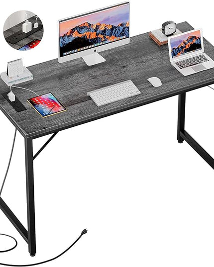 Computer Desk with Power Outlets and USB Charging Ports, 48 Inch Modern Home Office Desks, Sturdy Student Writing Table, Simple Laptop PC Gaming Desk for Bedroom Workstation, Black Oak - LeafyLoom