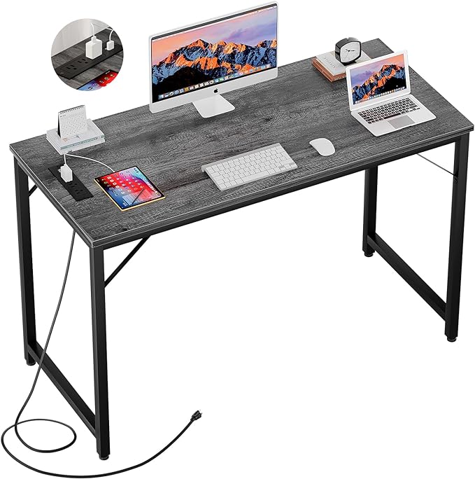 Computer Desk with Power Outlets and USB Charging Ports, 48 Inch Modern Home Office Desks, Sturdy Student Writing Table, Simple Laptop PC Gaming Desk for Bedroom Workstation, Black Oak - LeafyLoom