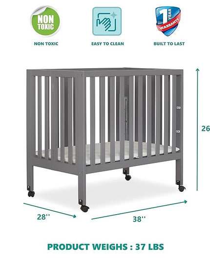 Jett Non-Full Size Folding Convertible Crib, Lightweight Portable Crib, Three Adjustable Mattress Height Settings, Easy to Fold Travel Crib, 1.5” Mattress Pad Included - LeafyLoom