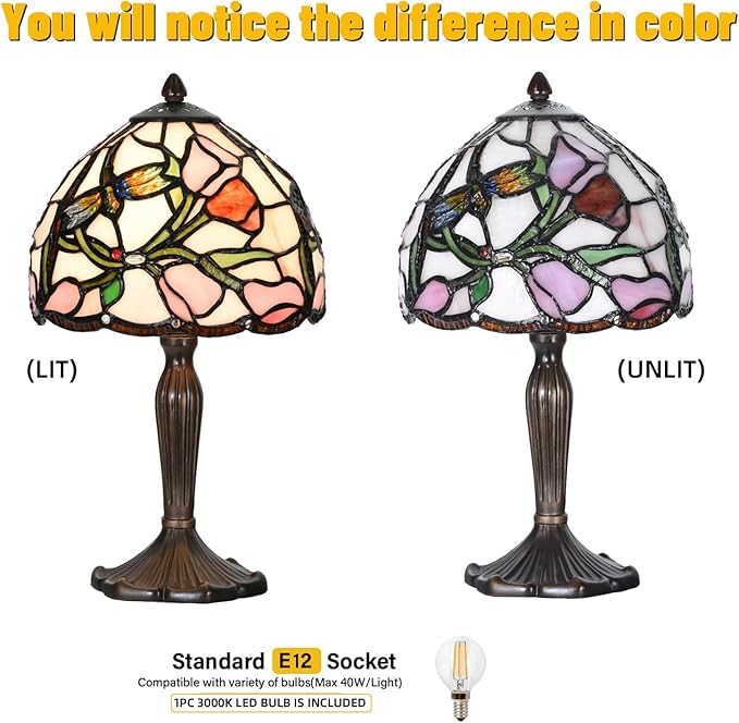 Tiffany Lamp Tulip Design Stained Glass Table Lamp for Living Room Bedroom Bedside Nightstand Home Office (Tulip) - LeafyLoom
