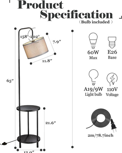 ELYONA Modern Floor Lamp for Living Room, Solid Wood Side Table Lamp with Grey Fabric Drum Shade, 3-Color Temperatures End Table Standing Light for Bedroom, Living Room, LED Bulb Included, Matte Black - LeafyLoom