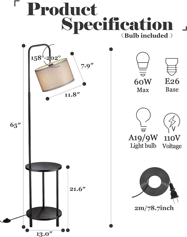 ELYONA Modern Floor Lamp for Living Room, Solid Wood Side Table Lamp with Grey Fabric Drum Shade, 3-Color Temperatures End Table Standing Light for Bedroom, Living Room, LED Bulb Included, Matte Black - LeafyLoom