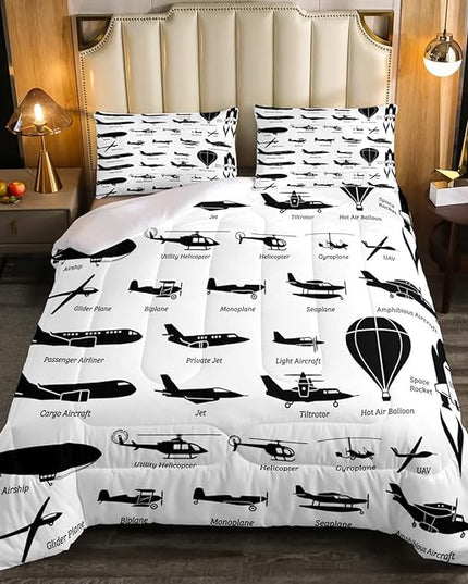Erosebridal Airplane Comforter Set Queen,Black White Airplanes Bedding Set Space Rocket Aircraft Down Comforter for Boys Kids Teens Room Decor,Helicopter Biplane Quilt Duvet Sets with 2 Pillow Cases - LeafyLoom