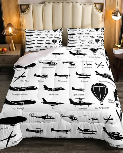 Erosebridal Airplane Comforter Set Full,Black White Airplanes Bedding Set Space Rocket Aircraft Down Comforter for Boys Kids Teens Room Decor,Helicopter Biplane Quilt Duvet Sets with 2 Pillow Cases - LeafyLoom