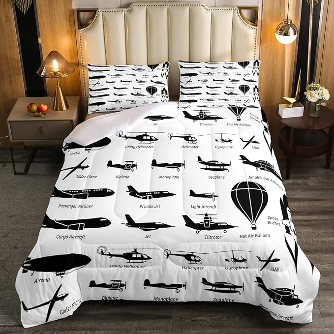 Erosebridal Airplane Comforter Set Full,Black White Airplanes Bedding Set Space Rocket Aircraft Down Comforter for Boys Kids Teens Room Decor,Helicopter Biplane Quilt Duvet Sets with 2 Pillow Cases - LeafyLoom