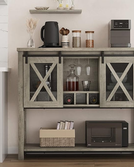 IDEALHOUSE Buffet Storage Cabinet Farmhouse Wine Cabinet Coffee Bar Table with Wine Glass Rack and Storage, Wood Buffets and Sideboards with Barn Mesh Door for Kitchen, Dining, Living Room - LeafyLoom