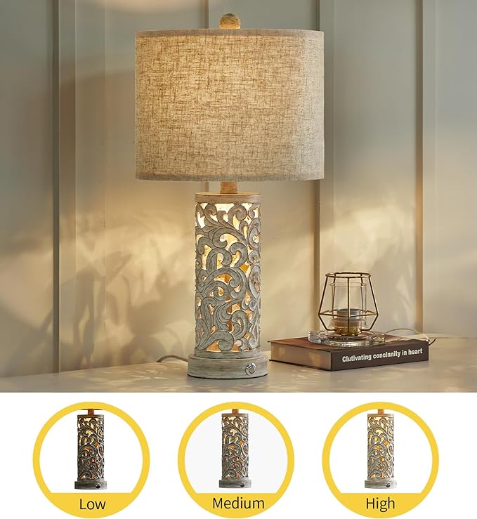 OYEARS 3-Way Dimmable 22'' USB A+C Touch Control Table Lamp with Nightlight for Living Room Bedroom Farmhouse Bedside Nightstand Lamps (Bulb Included) - LeafyLoom