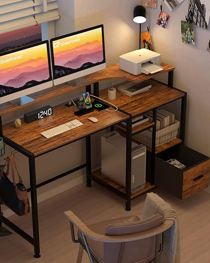 GreenForest 55 inch Computer Desk with Drawers and Outlets, Home Office Desk with Storage and Printer Shelf, Work Desk with Fabric File Drawer, Study Desk with Monitor Stand, Computer Table, Walnut - LeafyLoom