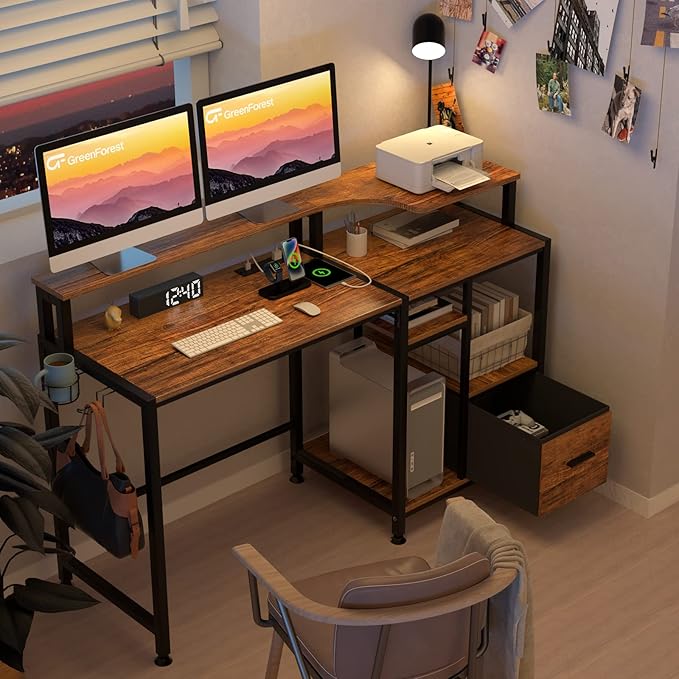 GreenForest 55 inch Computer Desk with Drawers and Outlets, Home Office Desk with Storage and Printer Shelf, Work Desk with Fabric File Drawer, Study Desk with Monitor Stand, Computer Table, Walnut - LeafyLoom